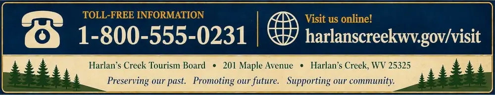 Harlan's Creek Tourism Board contact information — 1-800-555-0231, 201 Maple Avenue